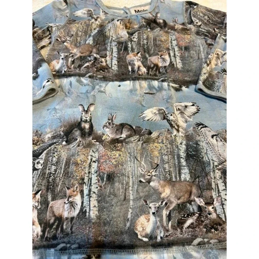 Molo Caras Brand Girls 2T Grey Blue Forest Lake Print Long Sleeve Dress